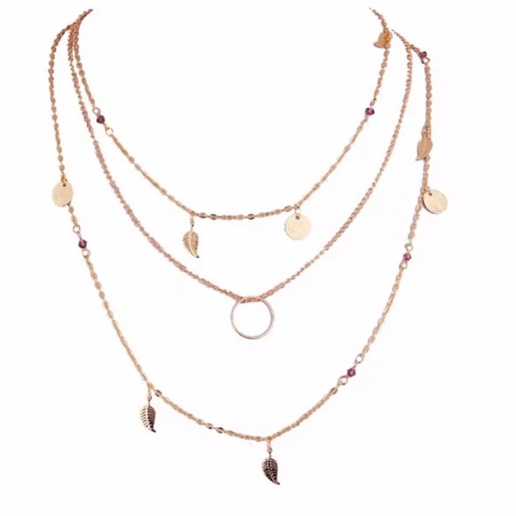 layered boho necklace gold leaf disc purple - Picture 3 of 3